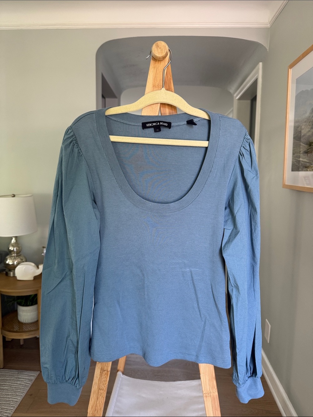Veronica Beard Slate Blue Scoop-Neck Long Sleeve Top